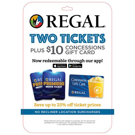 Code must be entered at checkout to receive discount. Regal Entertainment Group Premiere Movie Ticket, 2 pk. with $10 Gift Card - BJ's Wholesale Club