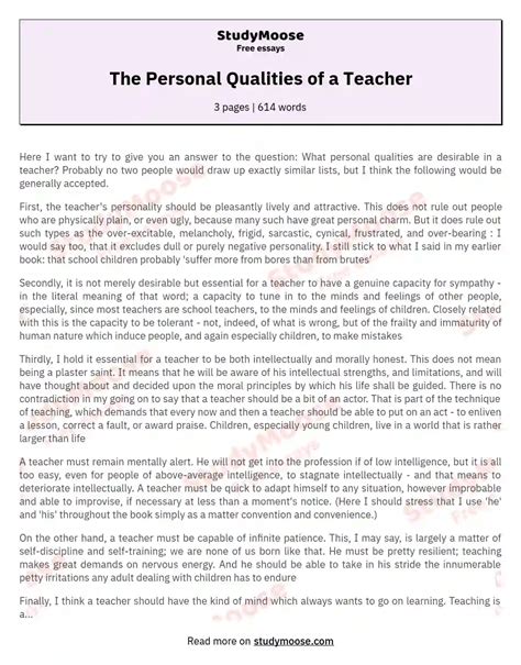 The Personal Qualities Of A Teacher Free Essay Example