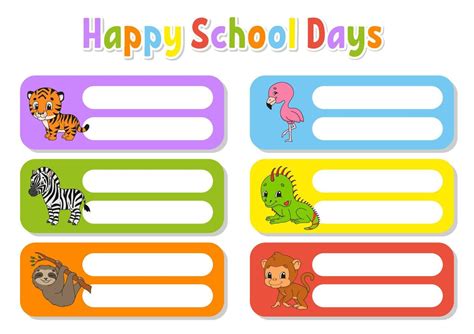 School Name Label Bright Stickers Rectangular Label Cute Characters