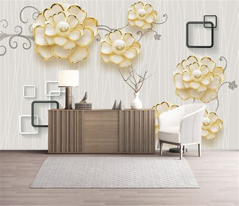 Gold Florals And Pearls With Boxes 3d 5d 8d Wall Murals Custom