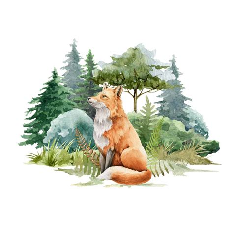 Fox Animal In Forest Landscape Watercolor Illustration Wild Cute Red