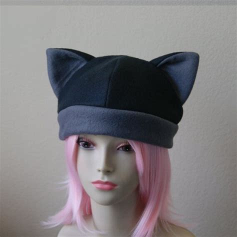Made To Order Fleece Cat Hat Black Dark Grey Beanie Etsy