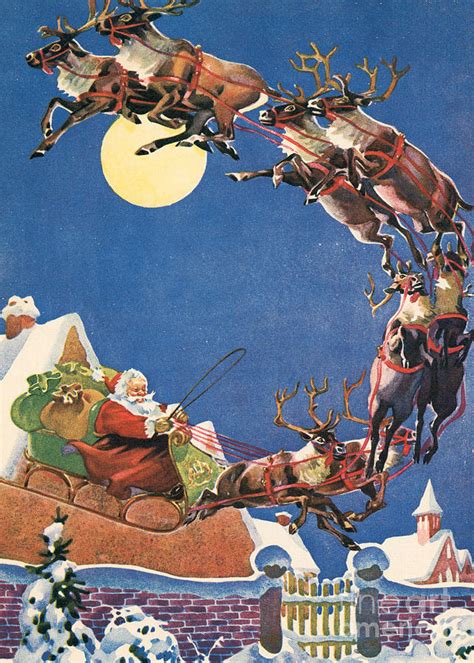 Santas Sleigh And Reindeer Flying In The Night Sky On Christmas Eve