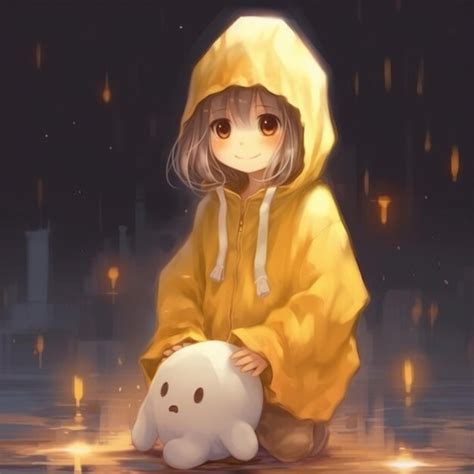 Premium Photo Anime Girl In Yellow Raincoat Sitting On Ground With A