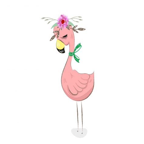 Cute Girl Pink Flamingo Cartoon Hand Drawn Vector