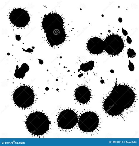 Black Ink Paint Spots Drops Isolated On White Background Set For