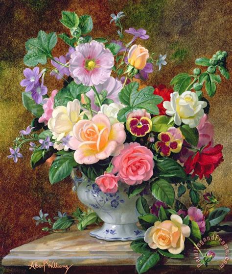 Albert Williams Roses Pansies And Other Flowers In A Vase Art Print For