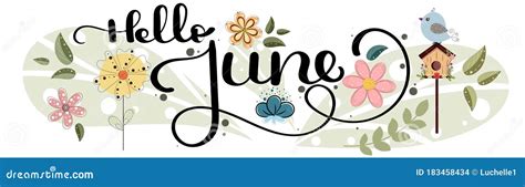 Hello June June Month Vector Decoration With Flowers Bird House And