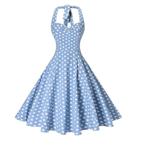 Womens Mini Polka Dot Dresses Vintage 1950s Cocktail Party Halter A Line Swing Dresses Plus