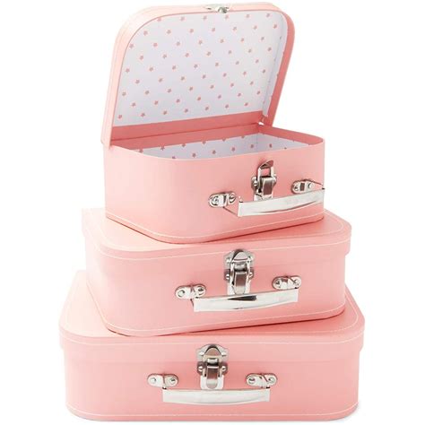 Set Of 3 Vintage Paperboard Suitcase Pink Nesting Storage Cases Boxes