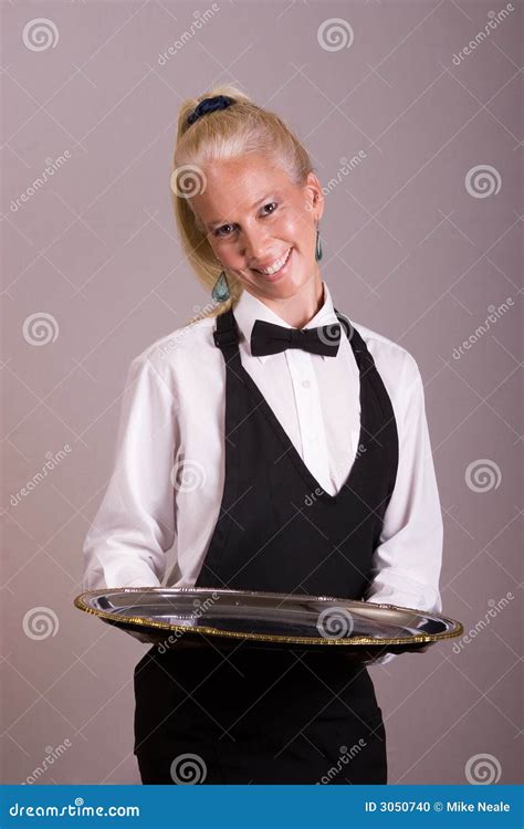 Waitress Holds Silver Platter Stock Photo Image Of Culinary Plate