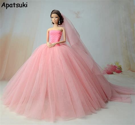 pink party dress for barbie doll high quality long tail evening gown clothes wedding dresses