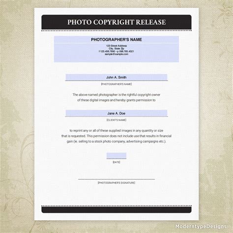 Photo Copyright Print Release Printable Form Editable Print Release