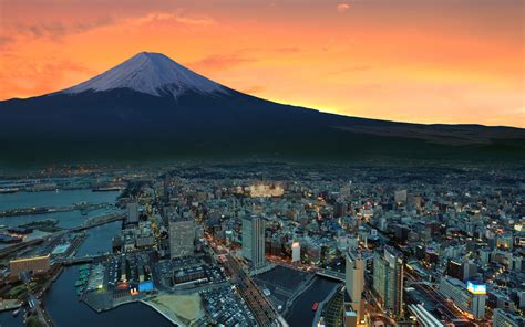 Mount Fuji Snowy Peak Japan Sunset City Wallpaper Hd World Wallpapers 4k Wallpapers Images
