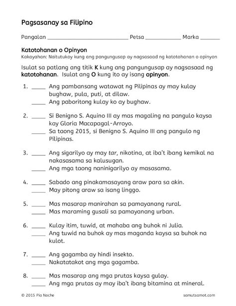 Pdf Pagsasanay Sa Filipino Free Printable Worksheets For Filipino