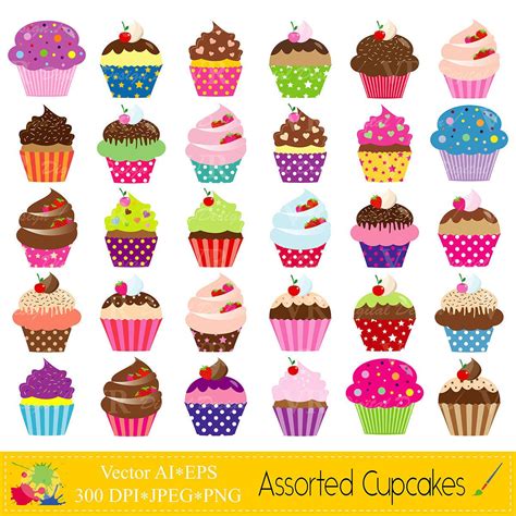 Assorted Cupcakes Clip Art Cute Birthday Colorful Cupcakes Etsy
