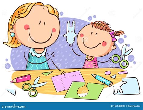 Madre O Profesora Y Una Niñita Disfrutan Trabajando Juntas Ilustración