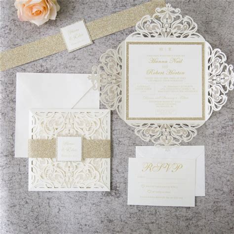 Romantic White Ivory Laser Cut Wedding Invitations With Gold Glitter