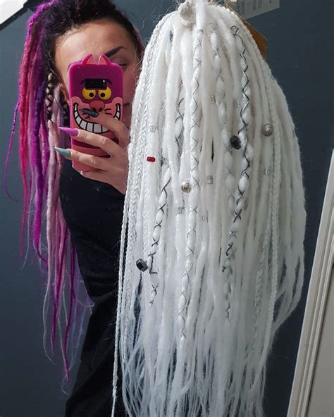 Dreadlock Extension Handmade Synthetic White Dreads Full Head Set Double Ended Locks Decorated