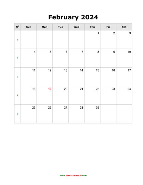 Download February 2024 Blank Calendar Vertical