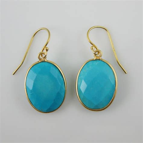 Bezel Gemstone Oval Pendant Earrings Gold Plated Hooks Turquoise