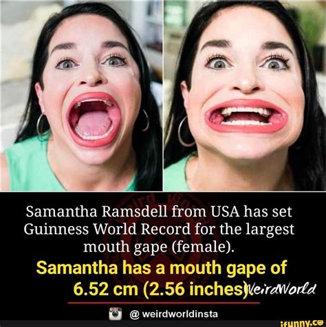 samantha ramsdell from usa has set guinness world record for the largest mouth gape female