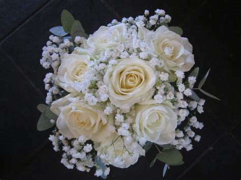 Bridesmaids Bouquet Of Roses And Gypsophila With Eucalyptus Wedding