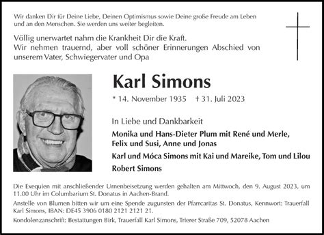 Traueranzeigen Von Karl Simons Aachen Gedenkt