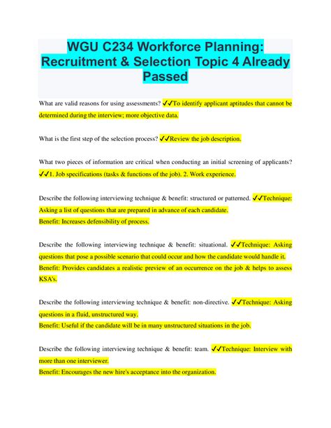 Wgu C234 Workforce Planning Recruitment And Selection Topic 4 Already