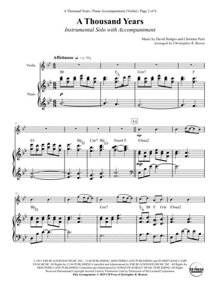 A Thousand Years Violin Solo With Piano Accompaniment Free Music Sheet