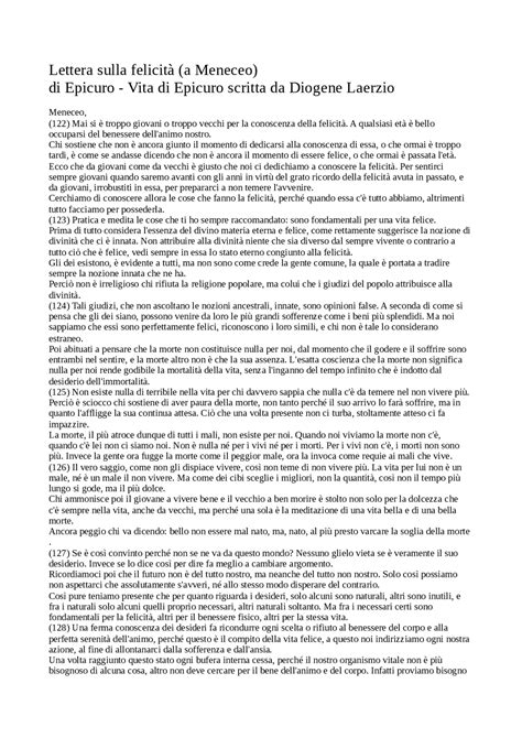 lettera sulla felicità a meneceo di epicuro docsity