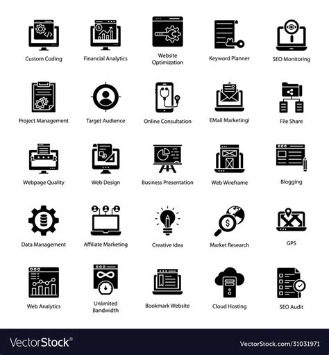 Seo Marketing Glyph Icons Pack Royalty Free Vector Image