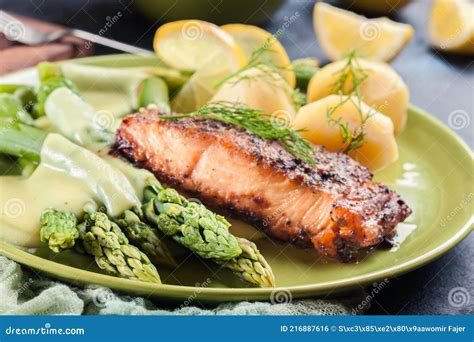 Baked Salmon With Asparagus And Hollandaise Sauce Stock Photo Image
