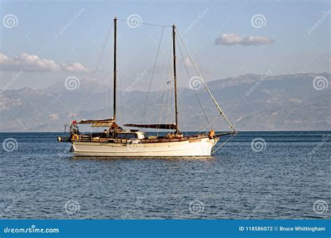 Two Masted Sailing Yacht Anchored In Bay Greece Editorial Photography