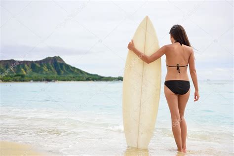 Surfer Woman Standing With Surfboard Stock Photo Maridav