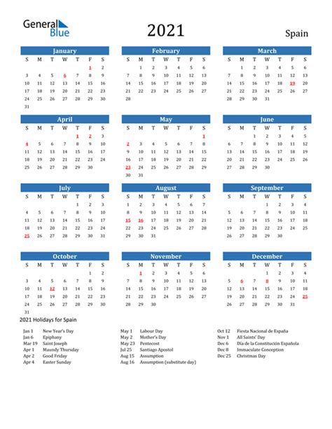 2021 no es año bisiesto, tiene 365 días. 2021 Calendar - Spain with Holidays