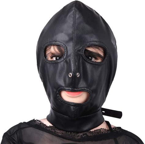 Amazon Com YC Leather Bondage Mask Black Full Face Breathable Restraint Head Hood Sex Toys