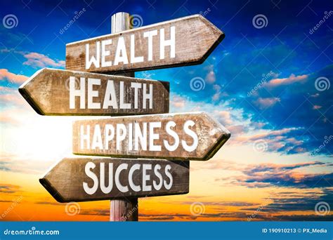 Wealth Health Happiness Success Wooden Signpost Roadsign With