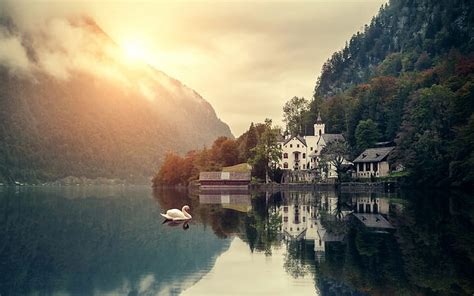 Hd Wallpaper Country House Lake Morning Quiet Beautiful Scenery