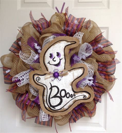 Painted Burlap Ghost Handmade Deco Mesh Halloween Wreath By