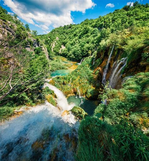 Amazing Morning View Of Plitvice National Park Bright Spring Scene Of