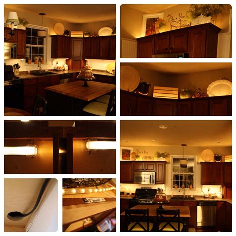Under cabinet lighting is the perfect way to brighten up certain spots around your home. Adding lights above and below the cabinets. #DIY Christmas lights are an option for the top of ...