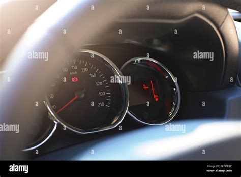 Dashboard Of New Car With Low Mileage Focus On Speedometer Stock Photo