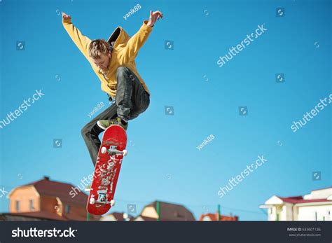 Teenager Skateboarder Does Ollie Trick Skatepark Stock Photo 633601136