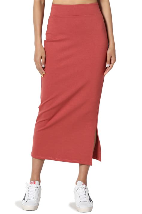 Themogan Women S S~3x Side Slit Ponte Knit High Waist Mid Calf Long Pencil Skirt