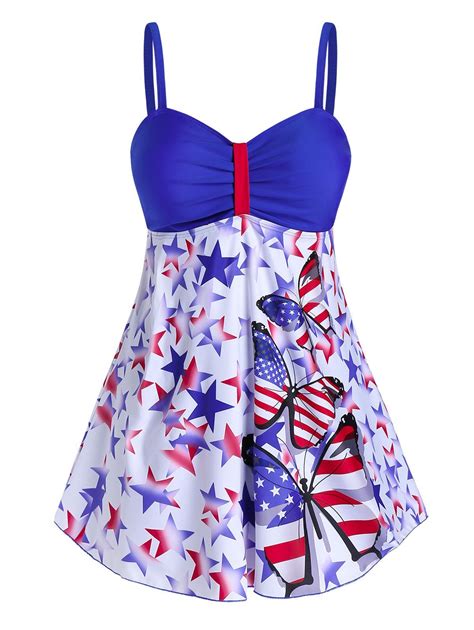 35 OFF 2021 Plus Size American Flag Butterfly Print Tankini Swimwear