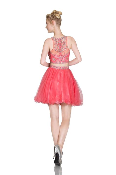 Prom Short Beaded 2 Piece Set Homecoming Dress Coral 4