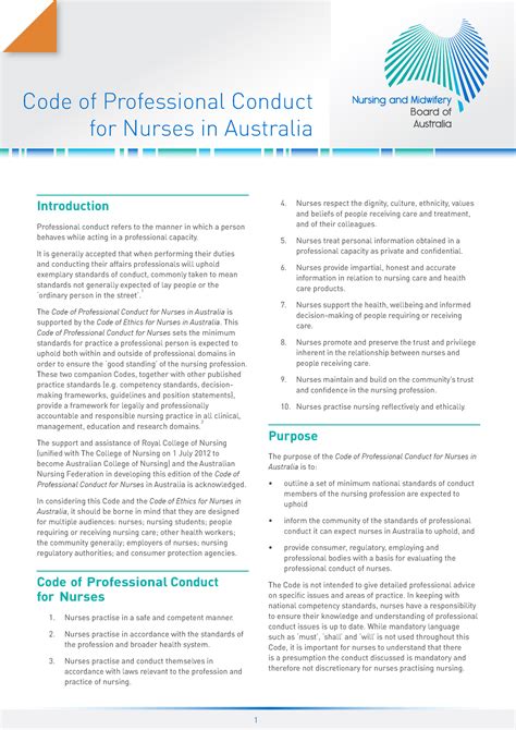 Code Of Conduct Code Of Professional Conduct For Nurses In Australia Introduction Professional
