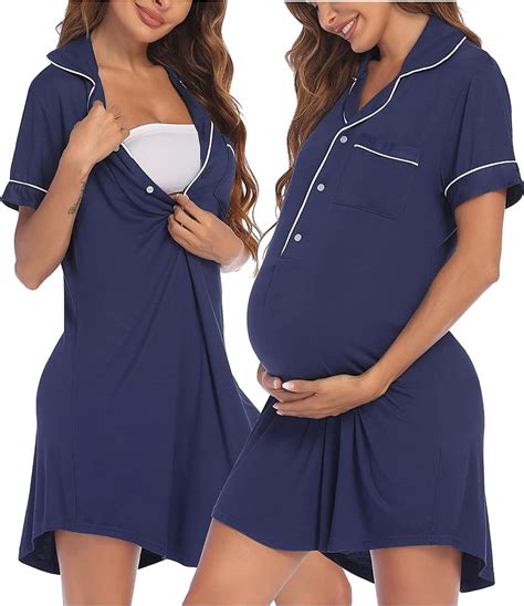 Ekouaer Nursing Nightgowns For Breastfeeding Cotton Button Labor And Delivery Gown Short Sleeve