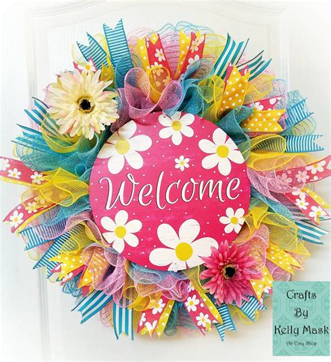 Bright And Beautiful Welcome Wreath For Spring And Summer Etsy Deco Mesh Wreaths Diy